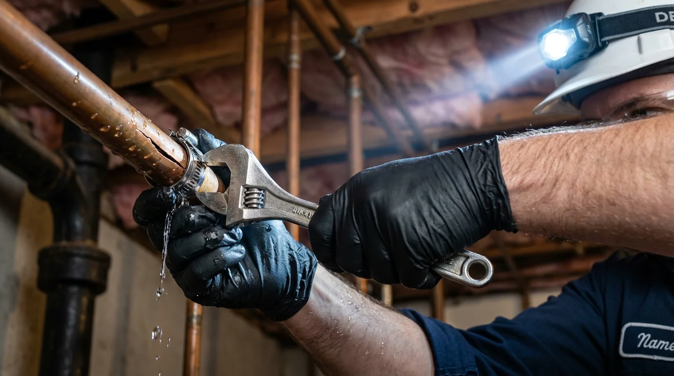 Emergency pipe clamp repair being performed by a Johns Plumbing LLC plumber in Tappahannock