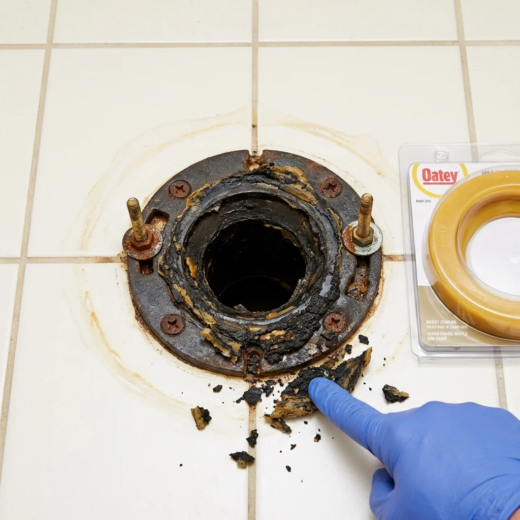 Failed wax ring showing water seepage at the base of a toilet in a Tappahannock, VA home