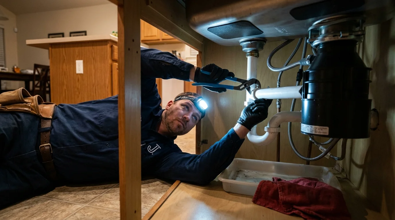 P-trap and supply line connections under a kitchen sink showing a common leak point in Tappahannock, VA